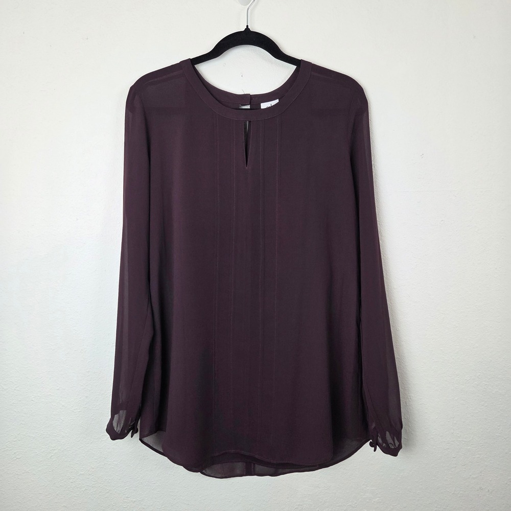 Cabi Blouse Womens Small Purple 3092 Long Sleeve Keyhole‎ Pleated Chiffon Top